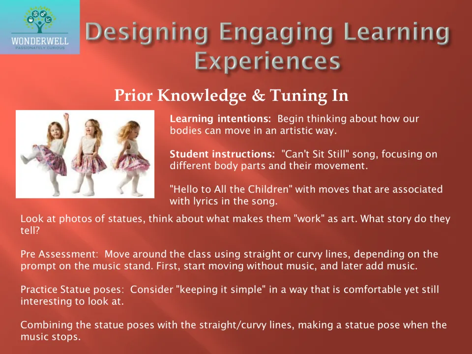 Prior knowledge activity plan uses songs, statue poses, and straight or curvy movement paths to explore the body