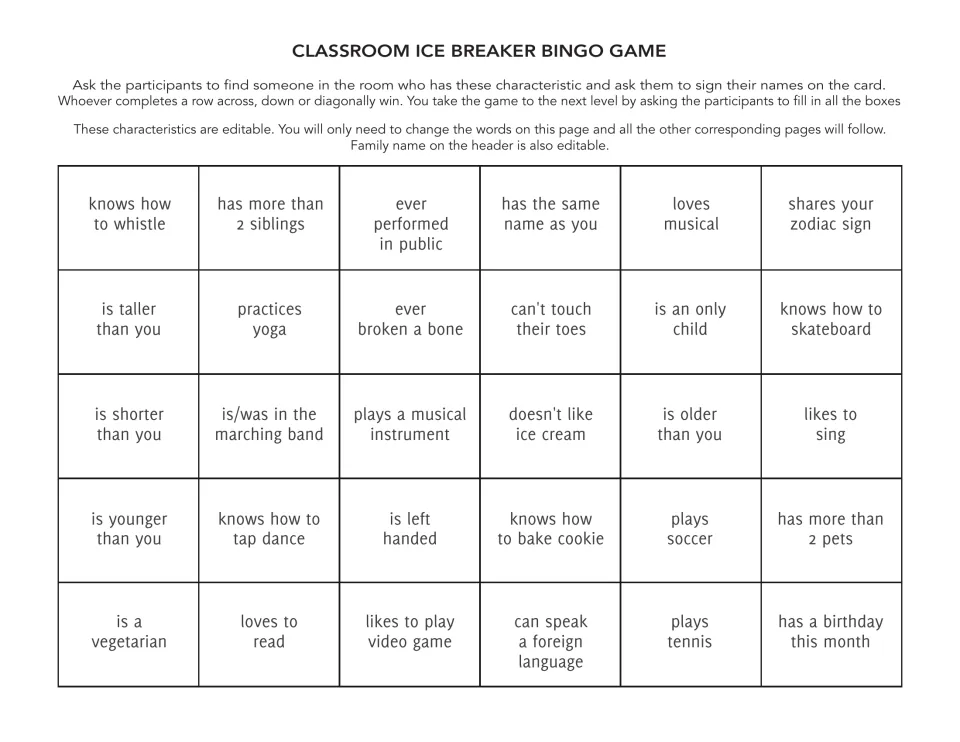 Instructions and 30 editable prompts for classroom ice breaker bingo, including whistling and playing soccer