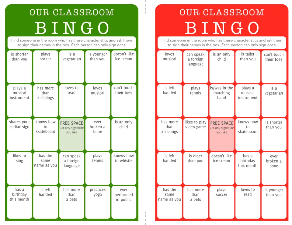 Classroom bingo cards 1–2: find classmates who play soccer, love to read, or speak a foreign language