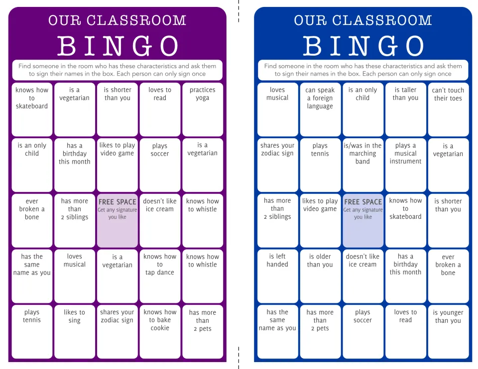 Classroom bingo cards 3–4: find classmates who practice yoga, play tennis, or know how to skateboard