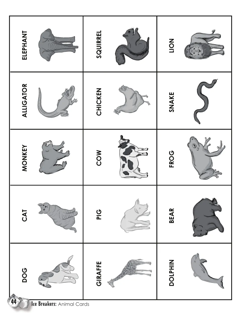 Animal cards: 15 labeled pictures including dog, cat, monkey, giraffe, cow, frog, snake and lion for the Meow! sound game