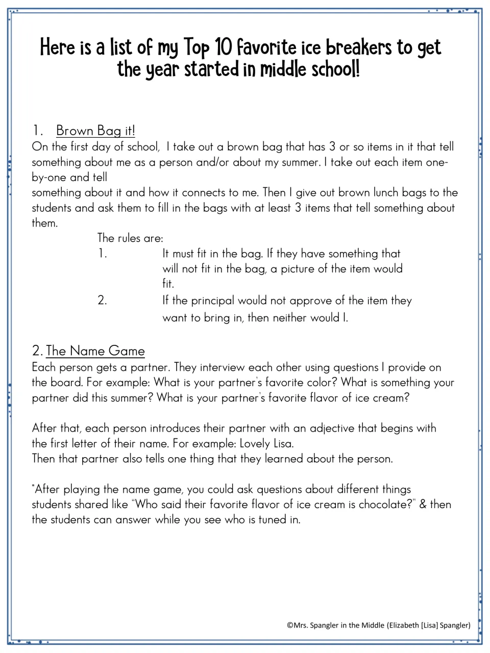 Top 10 icebreaker list, part 1: Brown Bag It with 3 personal items, and The Name Game partner interviews with alliteration