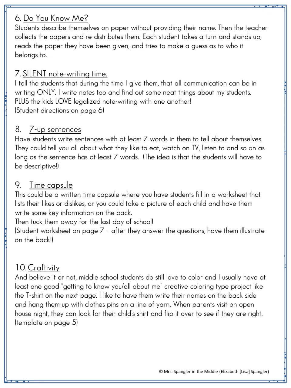 Icebreakers 6 to 10: Do You Know Me guessing, silent note-writing, 7-up sentences, a time capsule and a T-shirt craftivity