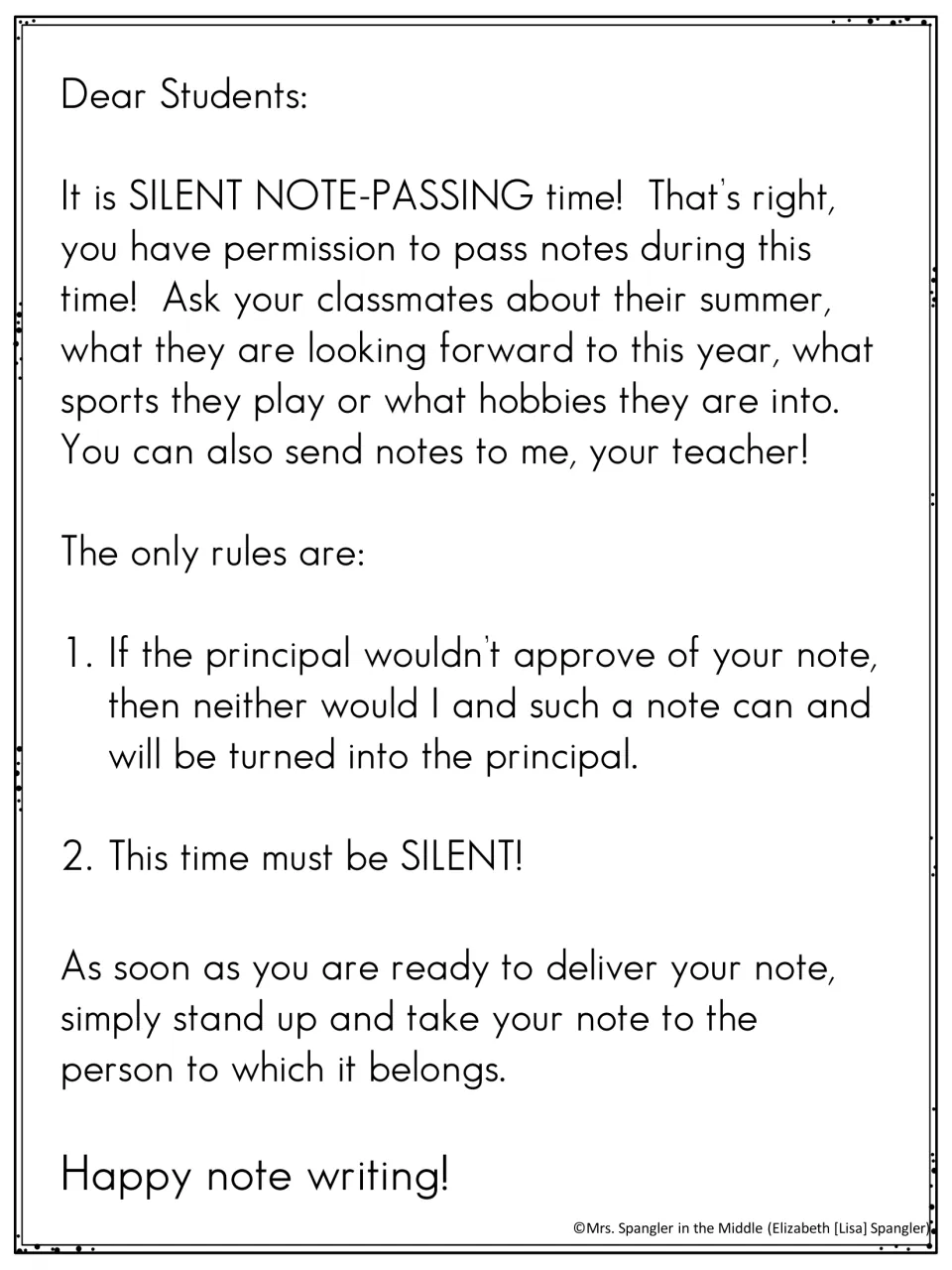 Silent note-passing letter to students: write notes to classmates or teacher about summer and hobbies, following 2 rules