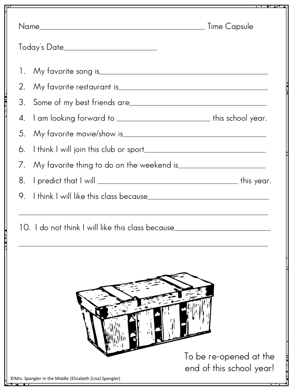 Time capsule form: students complete 10 prompts on favorite song, friends, clubs and predictions for the school year