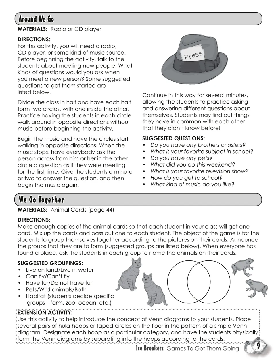 Around We Go and We Go Together: circles ask get-to-know-you questions; animal cards sorted in a Venn diagram