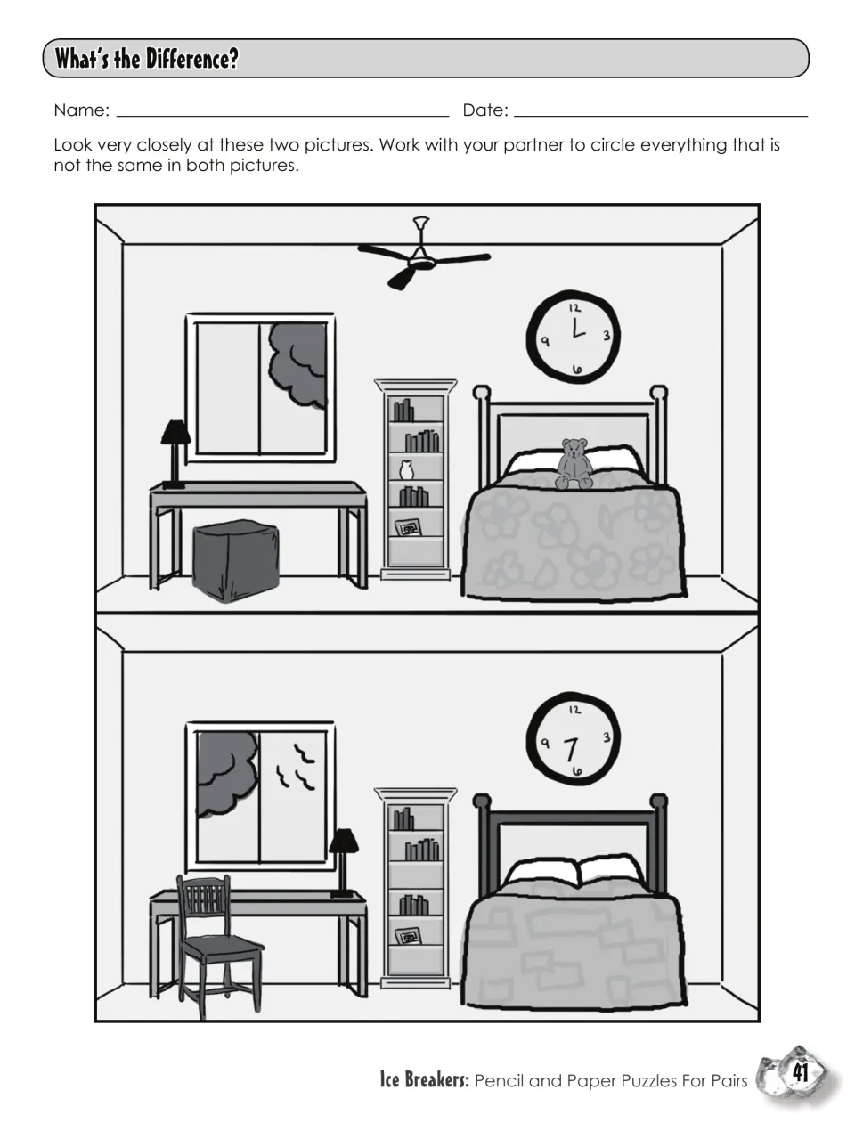 What's the Difference?: partners compare two bedroom scenes and circle changes like the clock, chair and teddy bear