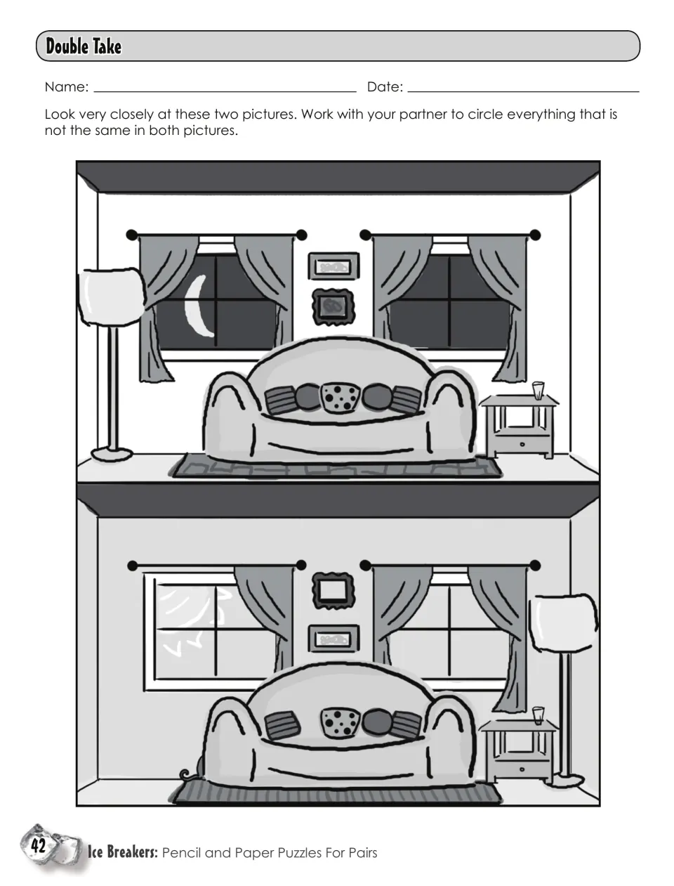 Double Take: partners compare two living room scenes with a sofa, lamp and curtains and circle what is not the same