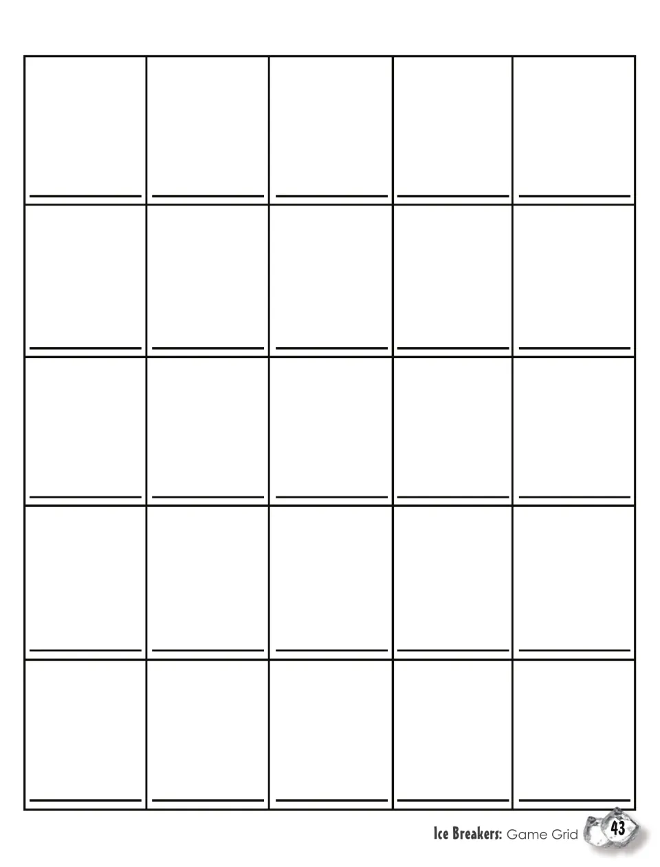 Game Grid: blank 25-space game board with a write-on space in each, used for the paper clip and fishing partner games