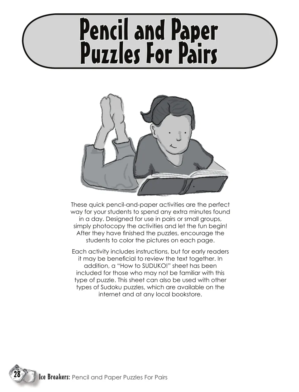 Pencil-and-paper puzzle section intro: teacher notes on using the puzzles in spare minutes, with a child reading