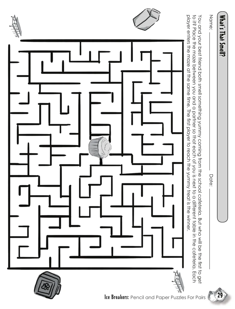 What's That Smell? race maze: two partners start at opposite cafeteria tables and race to the cupcake in the center