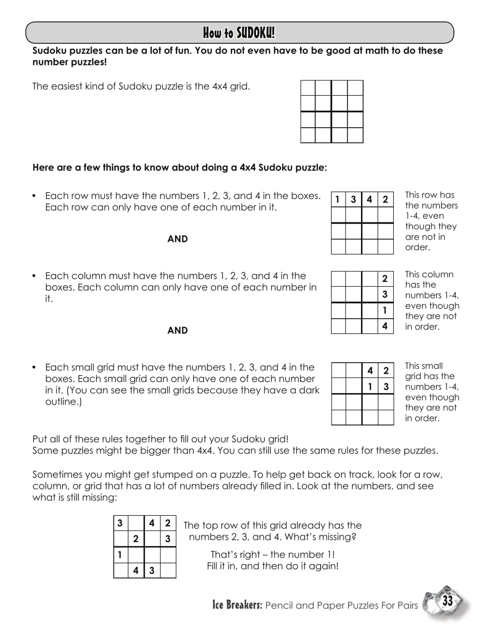 How to SUDOKU! guide: rules for solving 4x4 Sudoku using the numbers 1-4 once each way, with a missing-number example