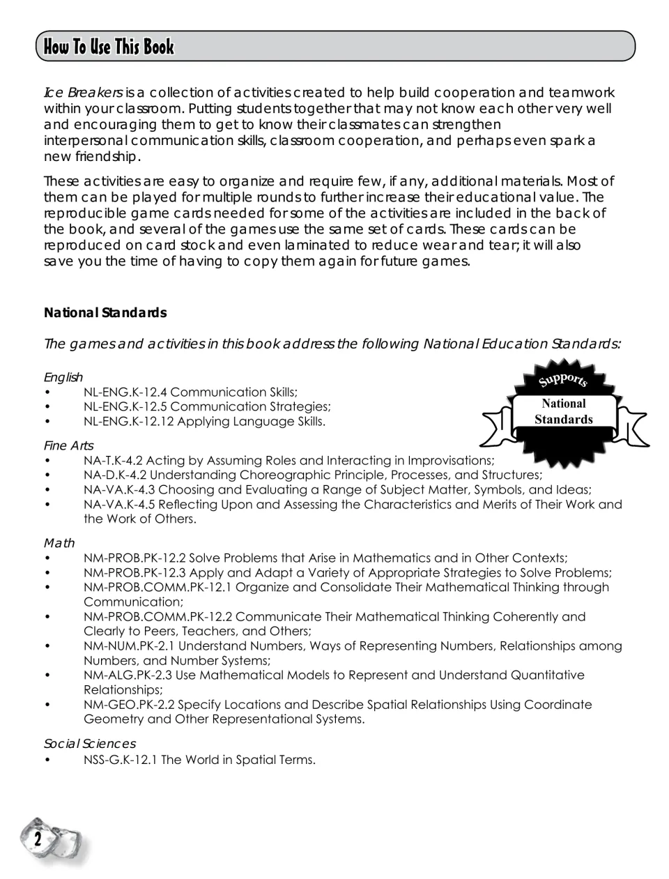 How To Use This Book: teacher notes on building cooperation, reusable card stock game cards, and listed national standards