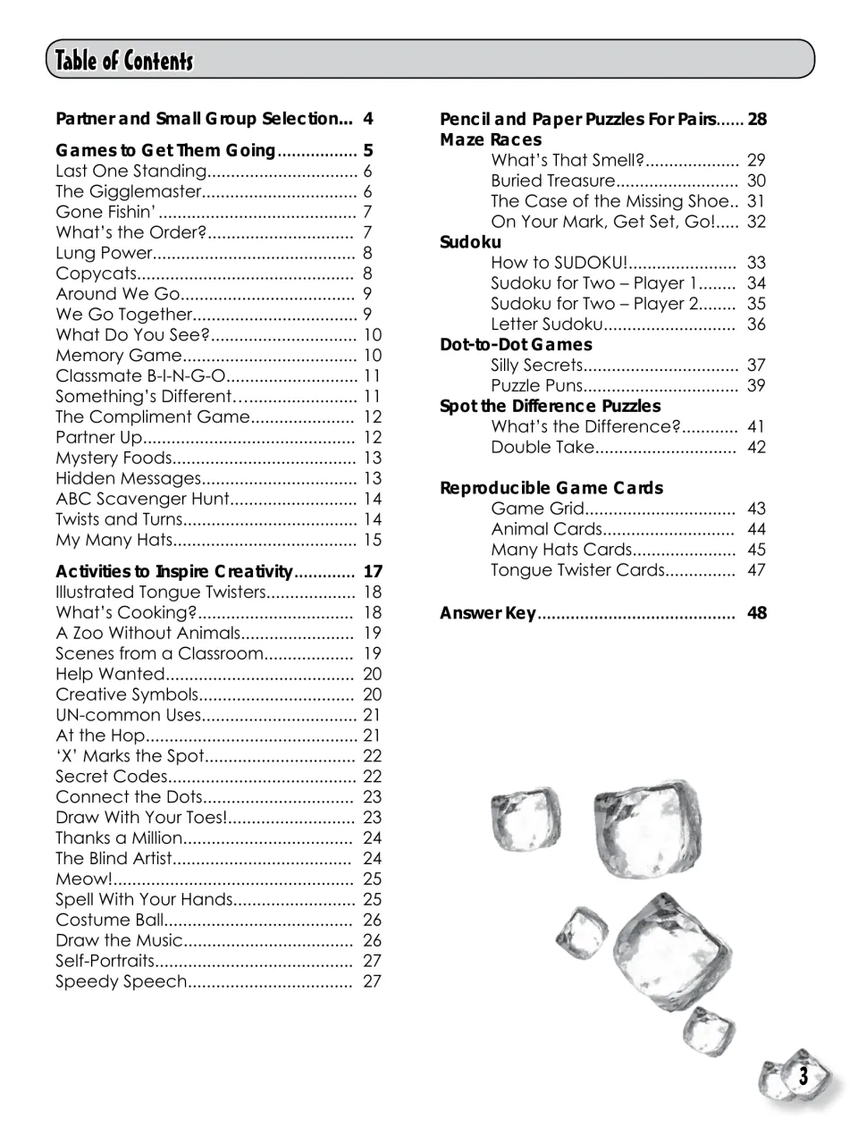 Table of contents listing group games, creativity activities, mazes, sudoku, dot-to-dot, spot the difference and game cards