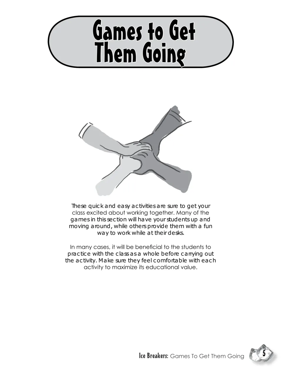 Games to Get Them Going section opener showing four stacked hands, introducing quick active and at-desk group games