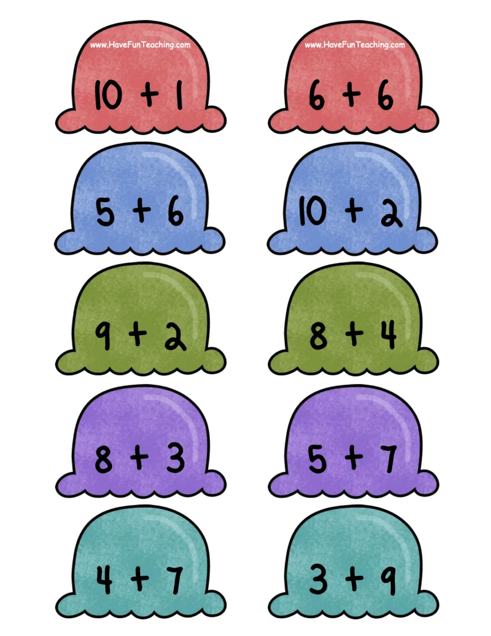 Ten addition scoop cards for sums 11 and 12, including 10 + 1, 5 + 6, 6 + 6 and 10 + 2, to match to cones
