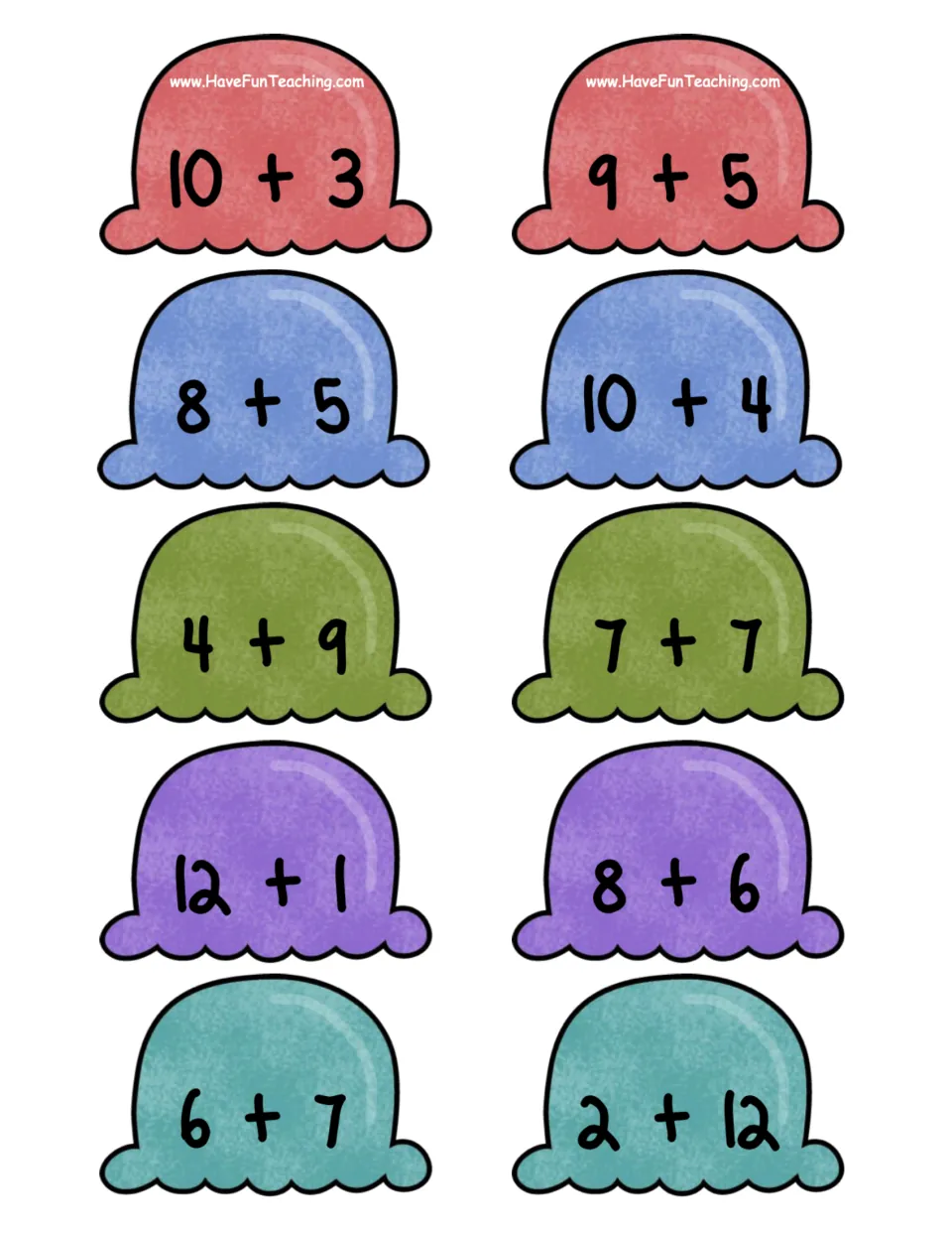 Ten addition scoop cards for sums 13 and 14, including 10 + 3, 8 + 5, 9 + 5 and 7 + 7, to match to cones