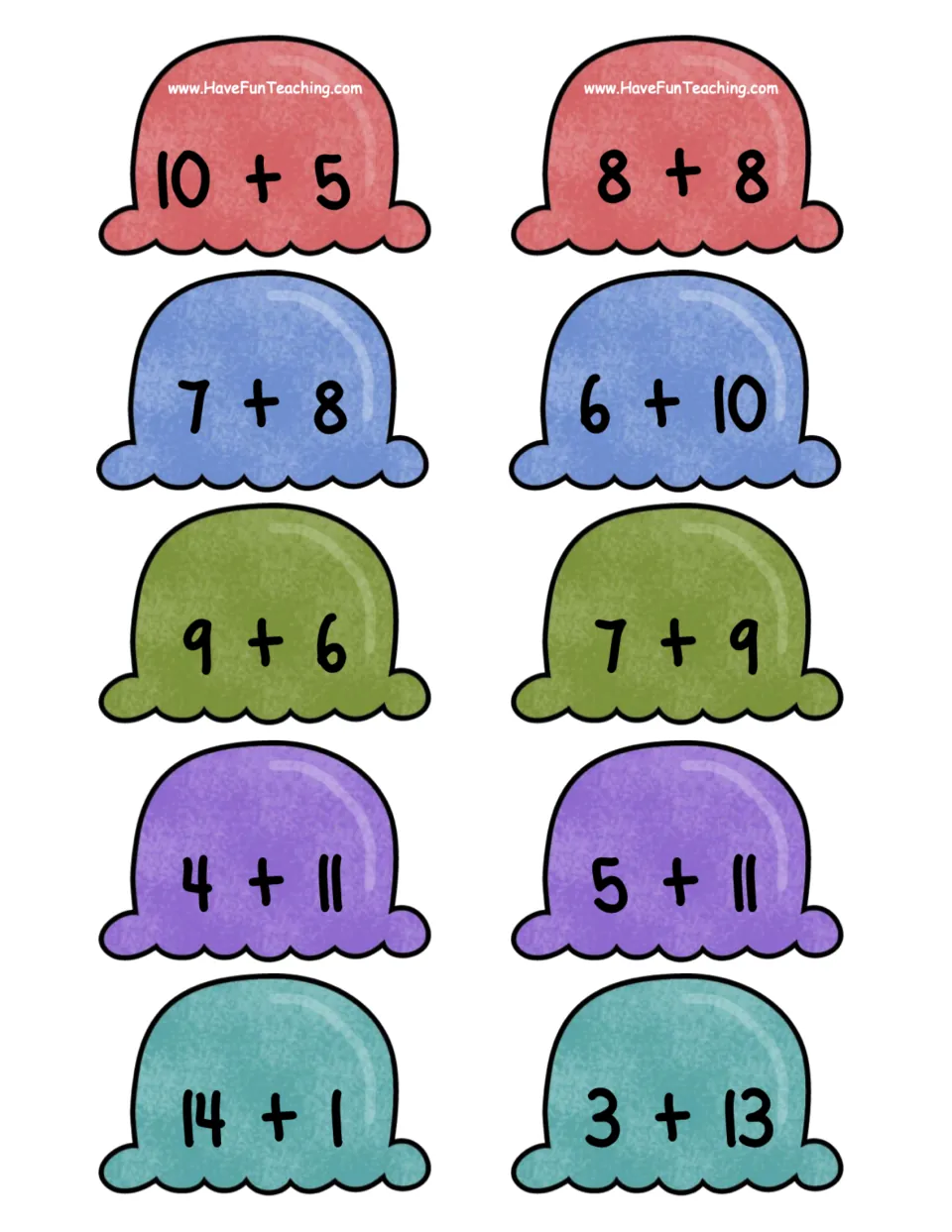 Ten addition scoop cards for sums 15 and 16, including 10 + 5, 7 + 8, 8 + 8 and 6 + 10, to match to cones