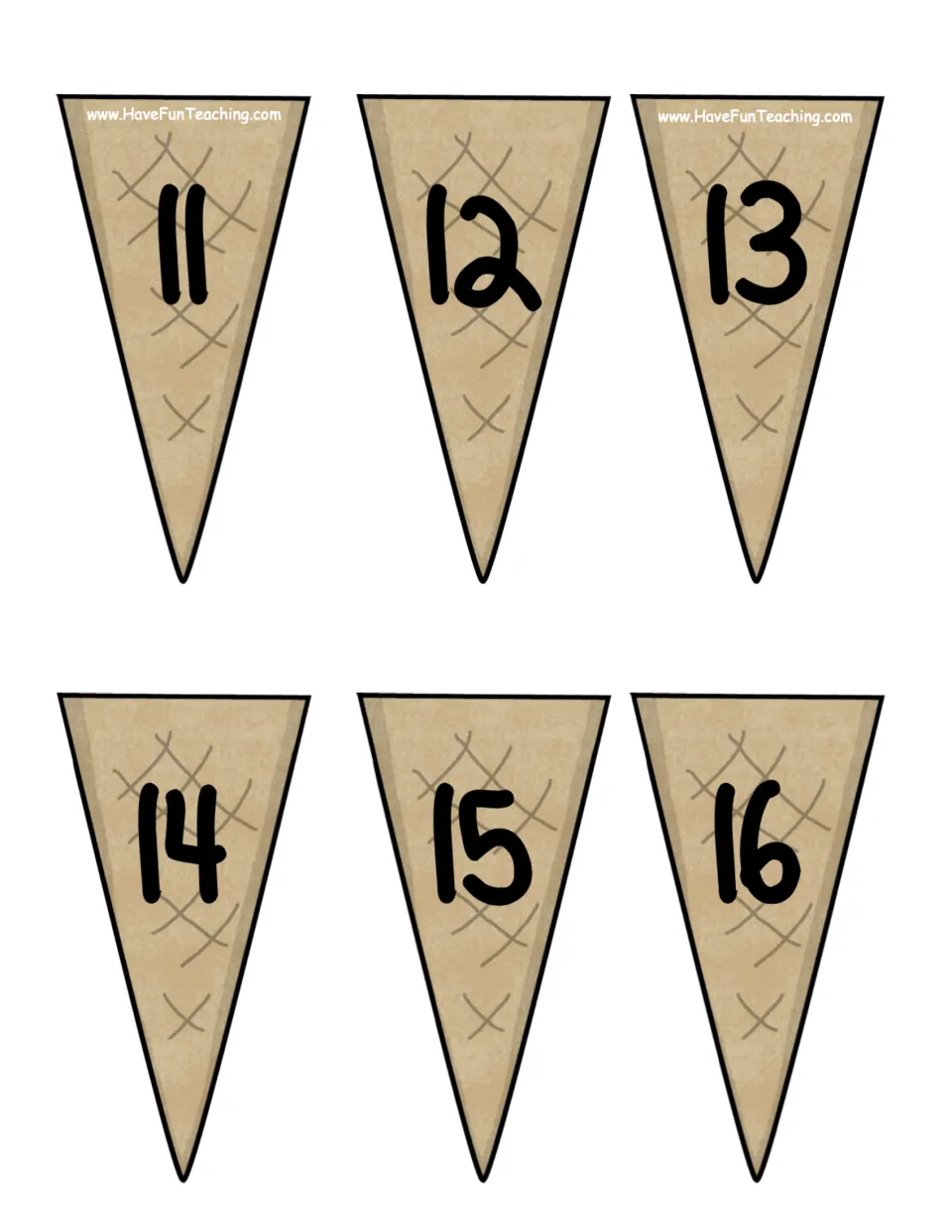 Six sum cones labeled 11, 12, 13, 14, 15 and 16 for matching with the activity's addition scoop cards