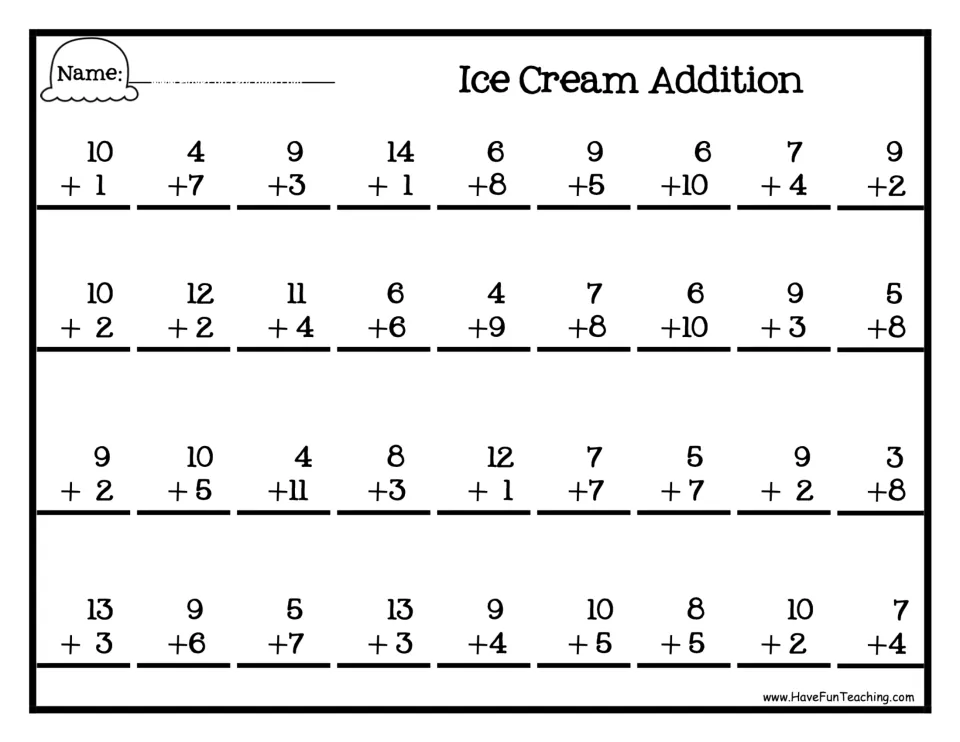 Addition practice sheet with 36 unsolved problems for sums 11–16, including 10 + 1, 4 + 7 and 13 + 3