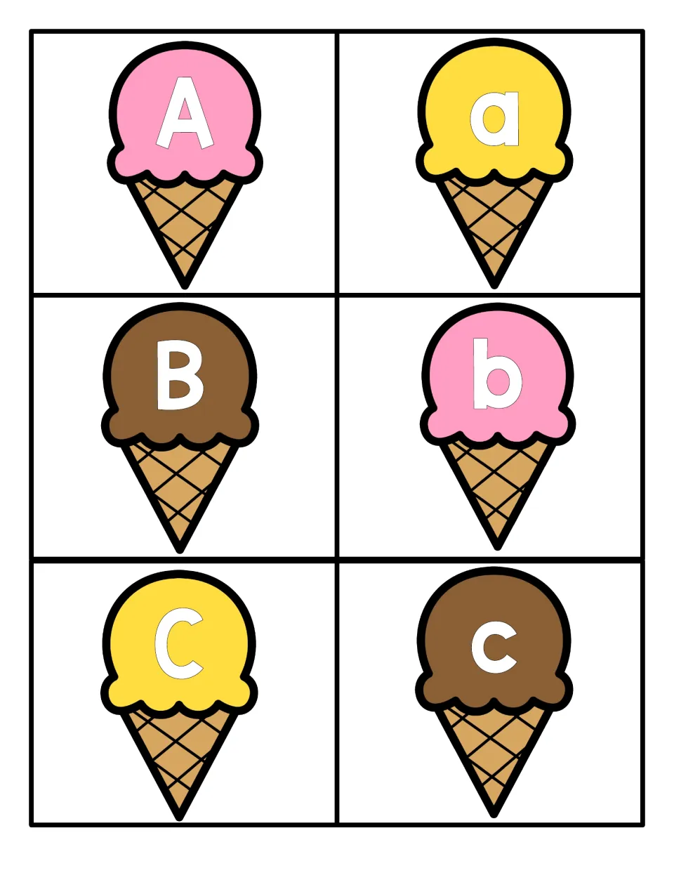Alphabet cards A to C: six ice cream cone cards pairing uppercase A, B, C with lowercase a, b, c for letter recognition