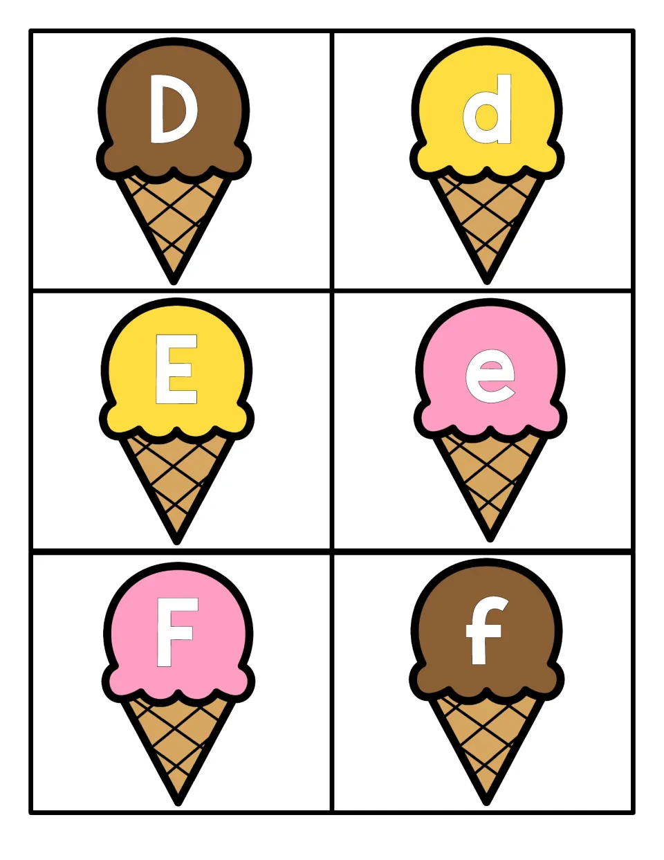 Letters D to F on ice cream cone cards: capital D, E, F and small d, e, f on pink, yellow and chocolate scoops to match