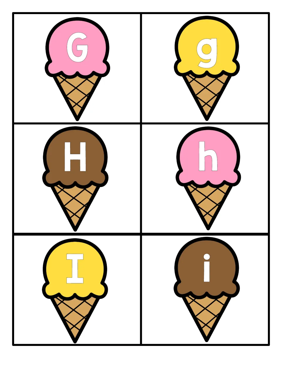 Letter cards G to I: ice cream cones showing uppercase G, H, I beside lowercase g, h, i to match capital and small