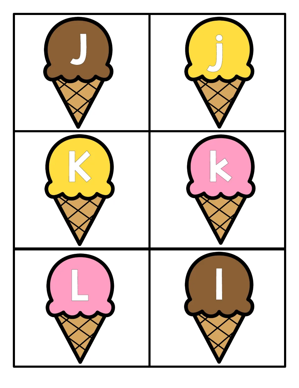 Ice cream letter cards J to L: cones with capital J, K, L and lowercase j, k, l on scoops for upper/lowercase matching