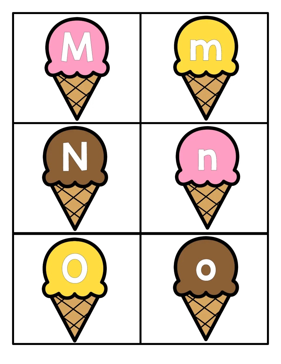 Alphabet cones M to O: six cards showing uppercase M, N, O and lowercase m, n, o on pink, yellow and brown scoops to pair up