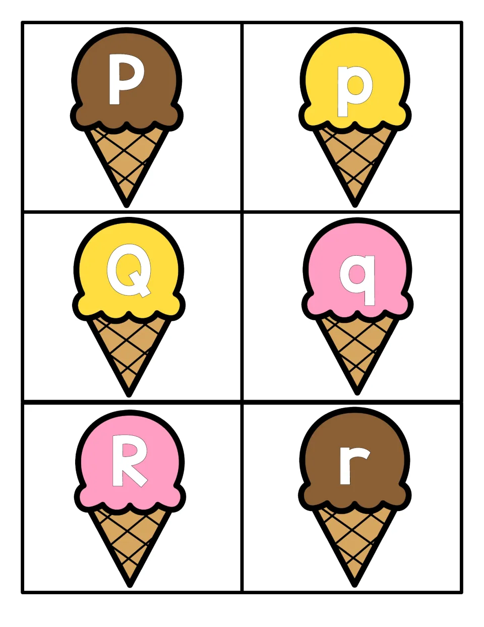 Letter cards P to R: ice cream cones with capital P, Q, R and small p, q, r for practicing letter recognition and pairing