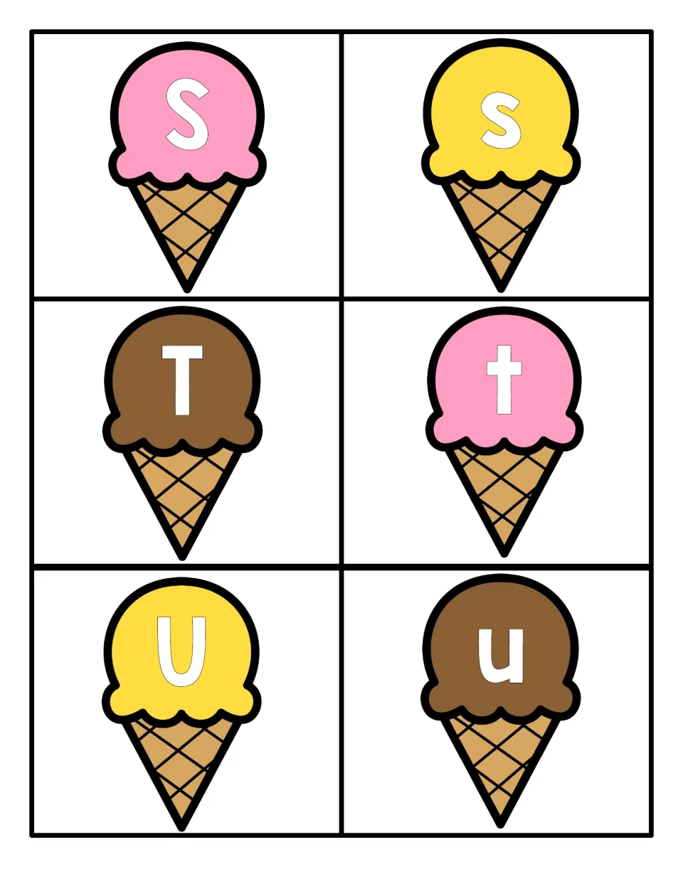 Ice cream cone cards S to U: uppercase S, T, U and lowercase s, t, u on colored scoops for matching letter pairs