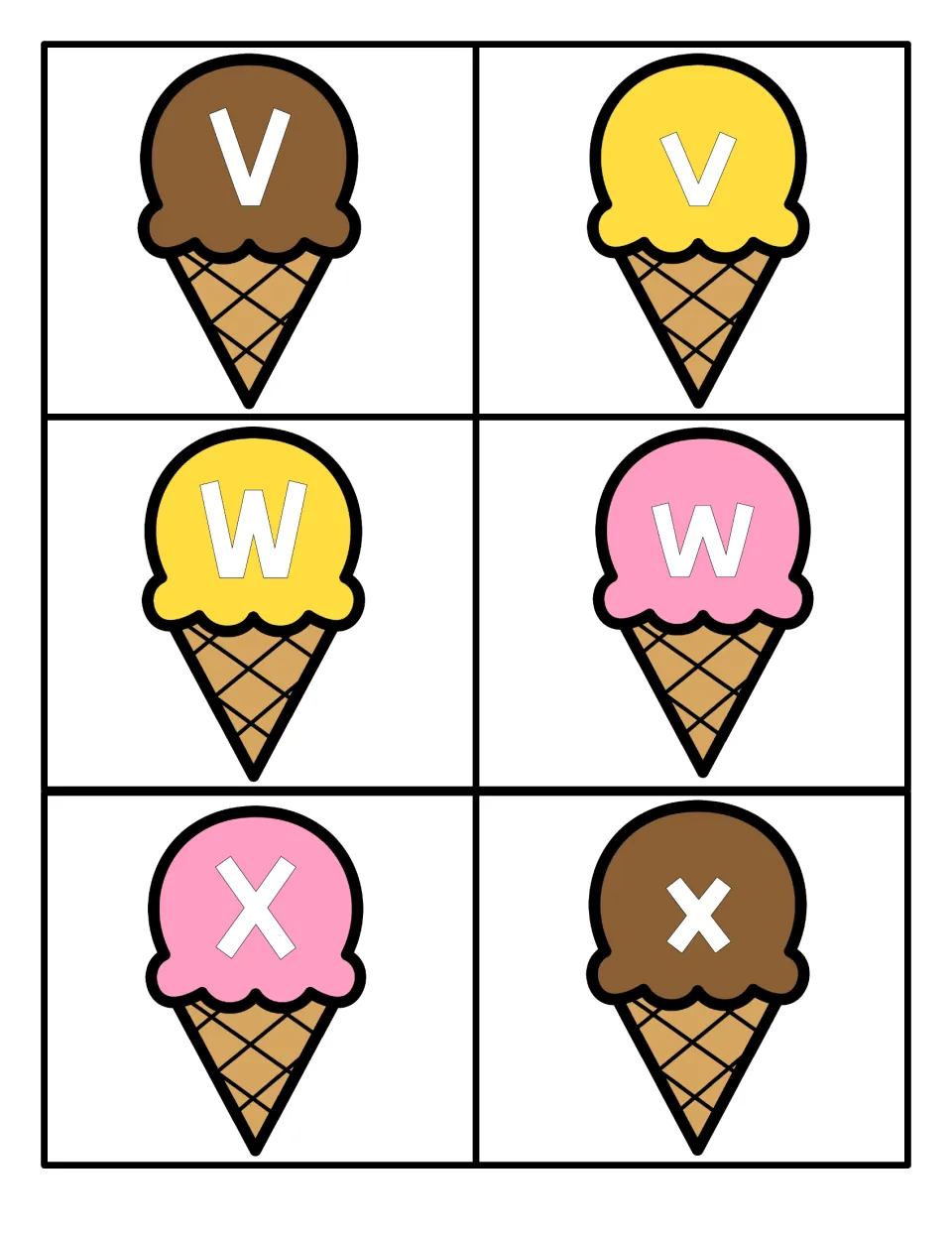 Alphabet cards V to X: cones showing capital V, W, X beside lowercase v, w, x on pink, yellow and chocolate scoops to match
