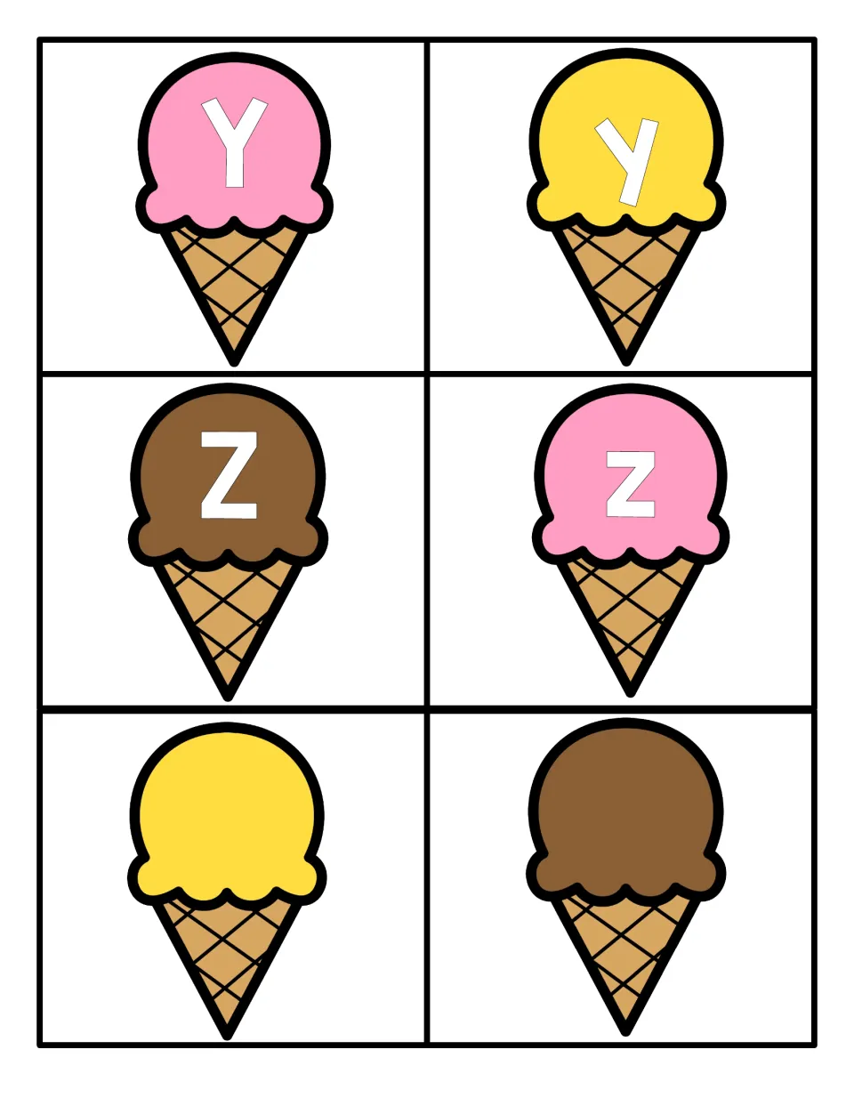 Final letter cards Y and Z: cones with uppercase Y, Z and lowercase y, z, plus two blank yellow and brown ice cream cones