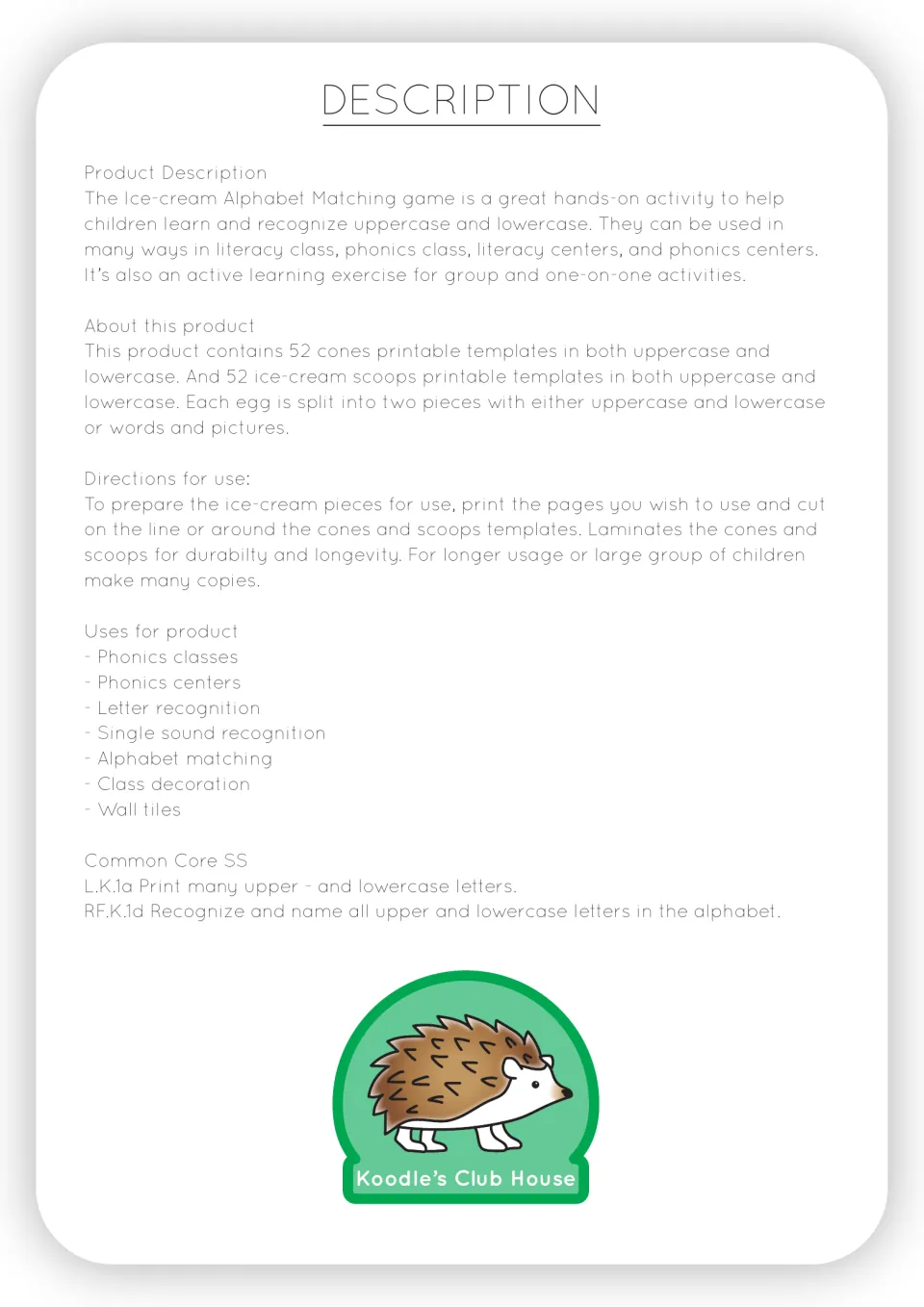 Description page listing 52 cone and 52 scoop templates, cut and laminate directions, uses and Common Core letter codes