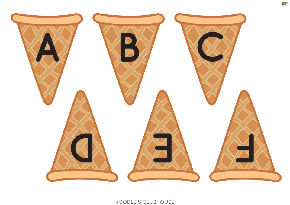 Uppercase cones A to F: six waffle cone cut-out pieces, one capital letter each, for students to match with letter scoops