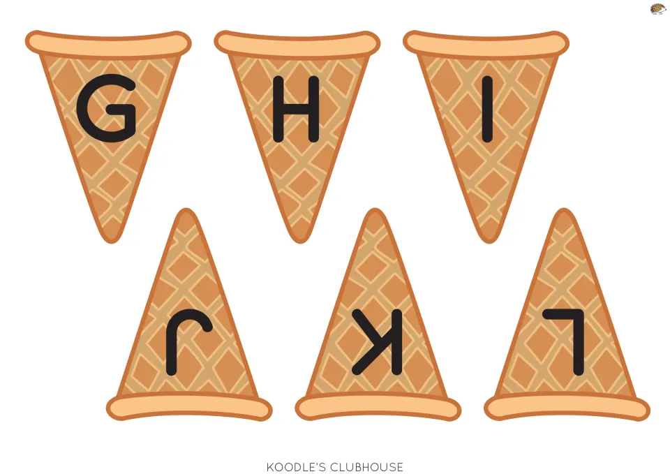 Uppercase cones G to L: six waffle cone cut-out pieces showing capitals G, H, I, J, K and L for letter matching