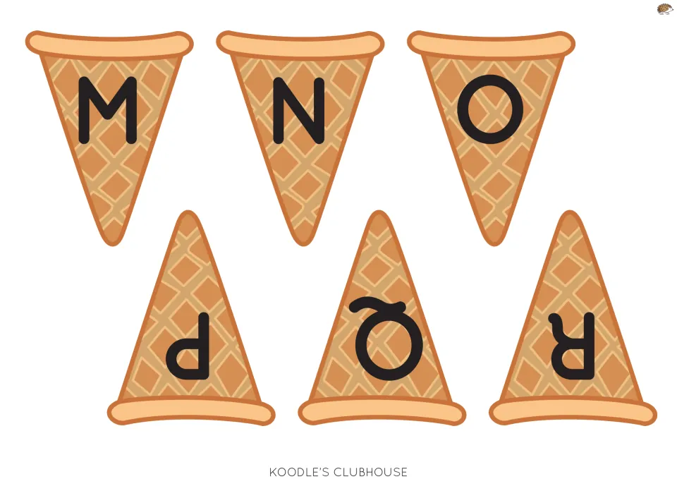 Uppercase cones M to R: six cut-out cone pieces showing capitals M, N, O, P, Q and R for matching to their scoops