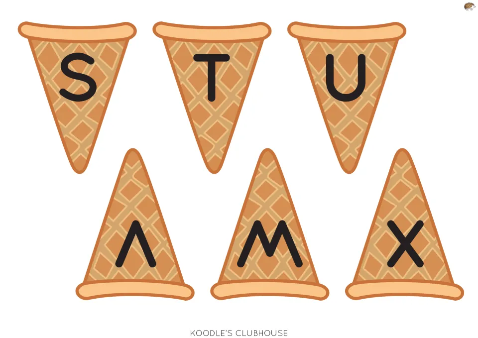 Uppercase cones S to X: six cut-out cone pieces with capitals S, T, U, V, W and X for uppercase-lowercase matching