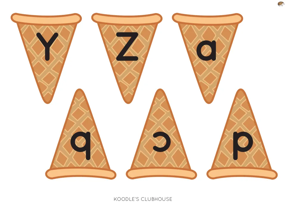Cones Y, Z and lowercase a to d: six cut-out cone pieces finishing the capitals and starting the lowercase letters