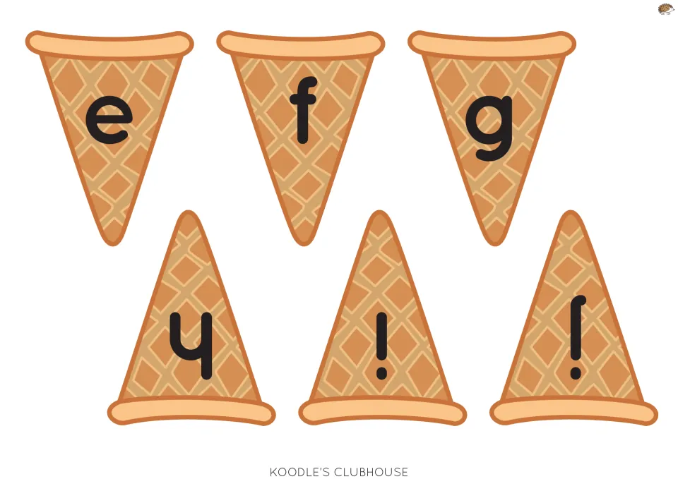 Lowercase cones e to j: six cut-out cone pieces showing e, f, g, h, i and j for matching letters to capital scoops