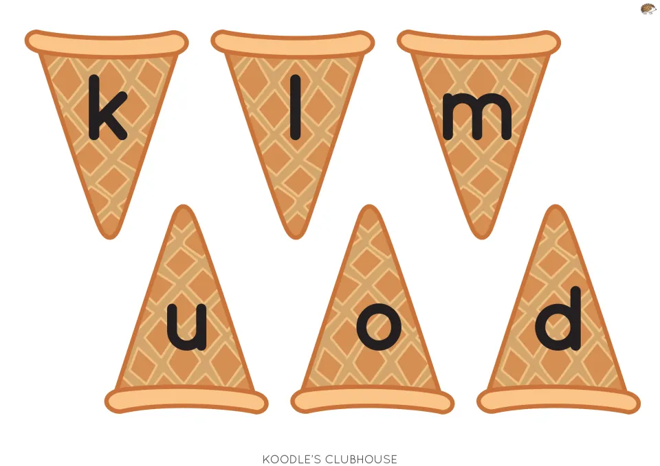 Lowercase cones k to p: six cut-out cone pieces with k, l, m, n, o and p for pairing small letters with capitals
