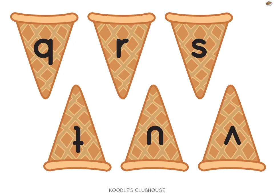 Lowercase cones q to v: six cut-out cone pieces showing q, r, s, t, u and v for letter recognition and matching