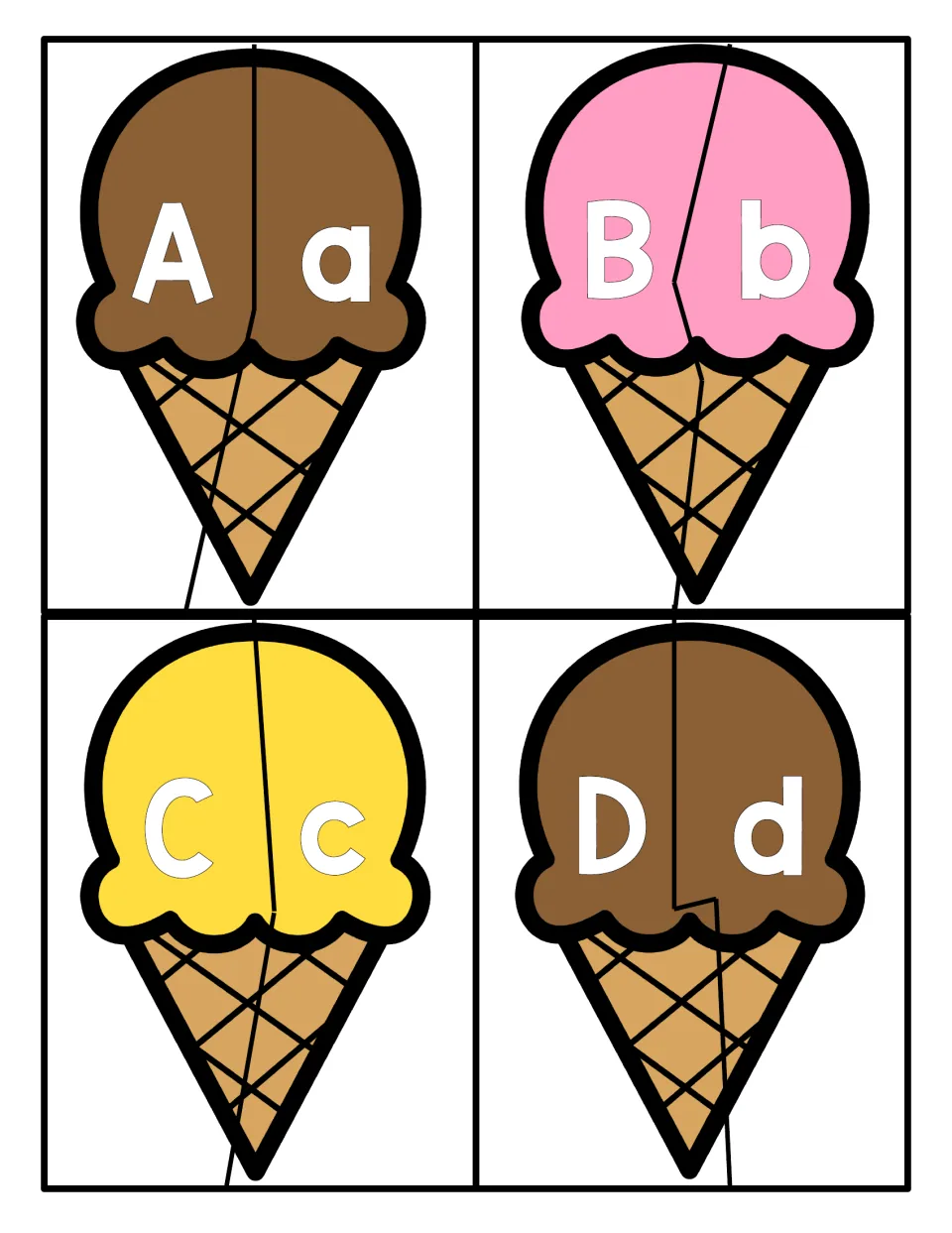 Letters A to D: four two-piece cone puzzles; students match uppercase A, B, C, D to lowercase a, b, c, d