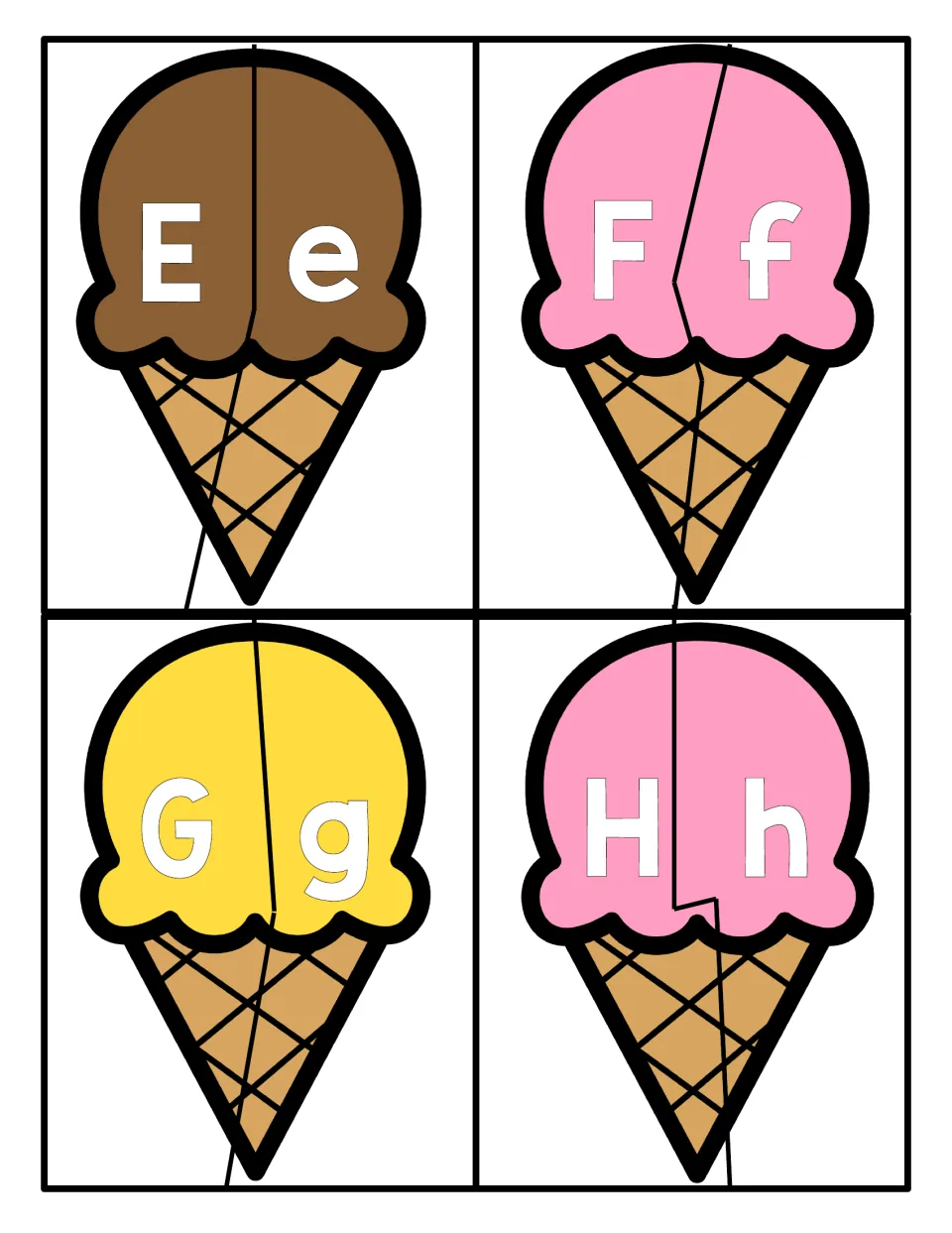 Letters E to H: two-piece ice cream cone puzzles for matching capital E, F, G, H with lowercase e, f, g, h