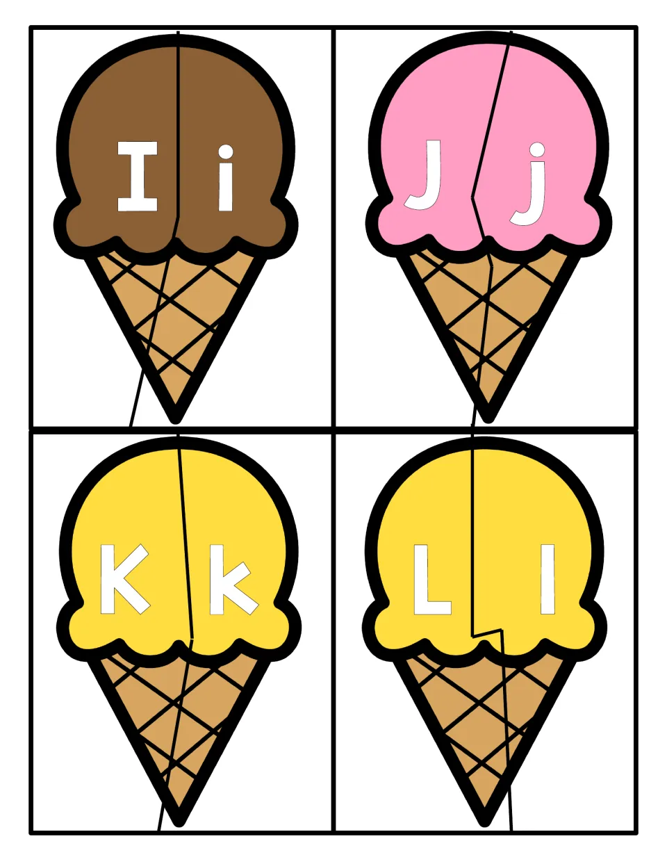 Letters I to L: split cone puzzles where students join uppercase I, J, K, L to the matching lowercase i, j, k, l
