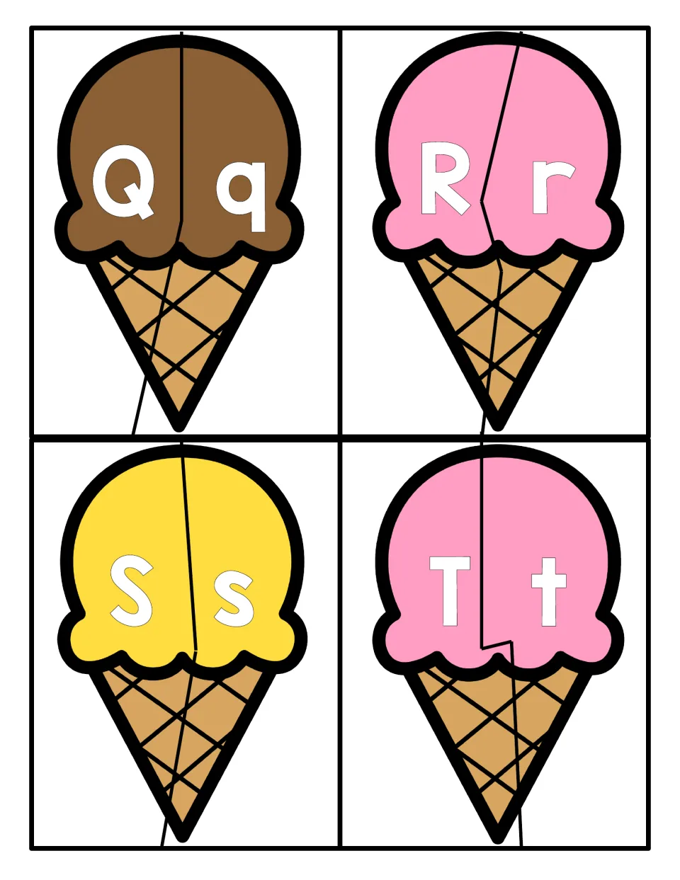 Letters Q to T: two-piece scoop-and-cone puzzles for matching uppercase Q, R, S, T to lowercase q, r, s, t