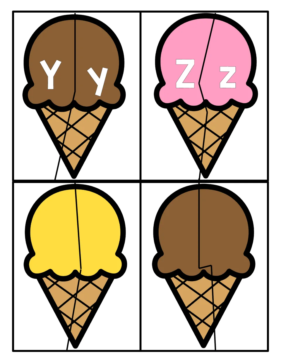 Letters Y and Z: cone puzzles matching Y to y and Z to z, plus two blank split cones with no letters printed