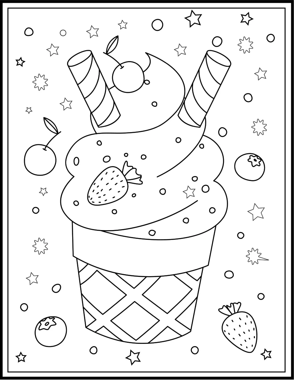 Ice cream cup to color: a swirled scoop topped with a cherry, a strawberry and two wafer rolls, with berries and stars