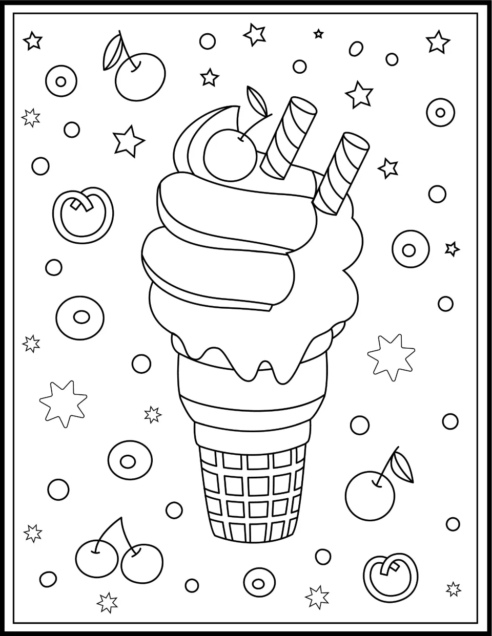Soft-serve cone outline for coloring, with dripping topping, a cherry and wafer rolls, surrounded by cherries and rings