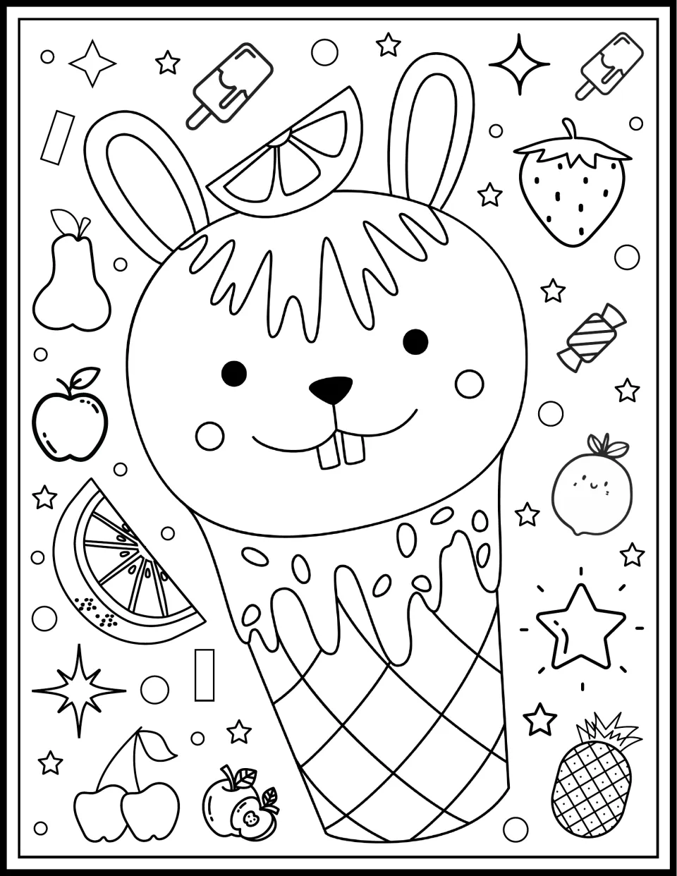 Bunny-faced ice cream cone to color, with long ears, an orange slice on top and fruit, candy and mini popsicles around it